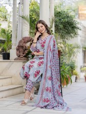 Women Lavender Plus Size Floral Printed Indian Cotton Kurta Top ,Pants & Dupatta