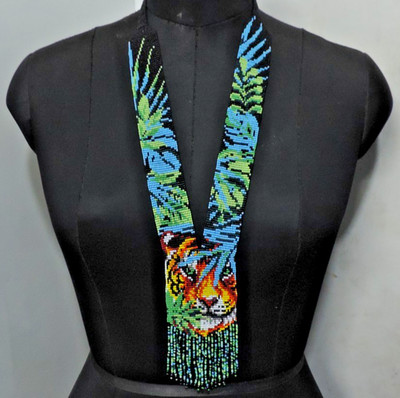 Handmade Necklace Seed Bead Boho American Style Nativ Beaded Multicolor Tiger
