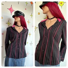 Y2K Mall Goth Pinstripe Shirt Black Red Office Siren Dark Academia Grunge Top L