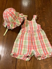 Vtg Gymboree 02 Butterflies overalls shortalls romper bubble 12-18 chin strp hat