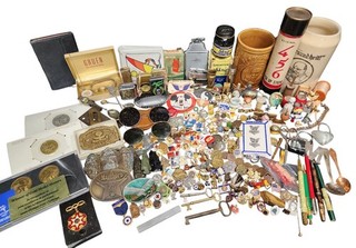 Collectible Junk Drawer Lot Pinbacks Medals Coins Miniatures Lighters
