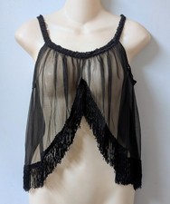 Vintage 60's Black Nylon Sheer Lingerie Top With Fringe S