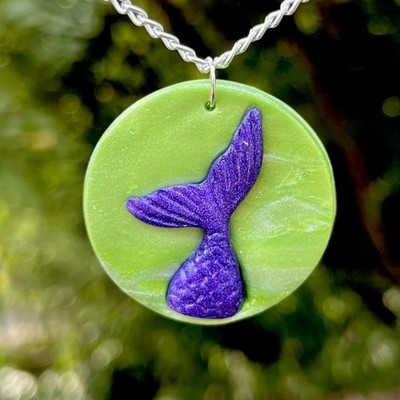 Mermaid Necklace Purple Lime Green Handmade Pendant Polymer Clay