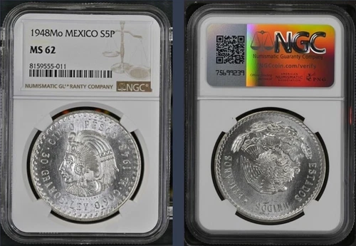 Mexico 1948 5 Pesos Silver ASW 30g. Cuahtemoc NGC MS62 (As Pictured)