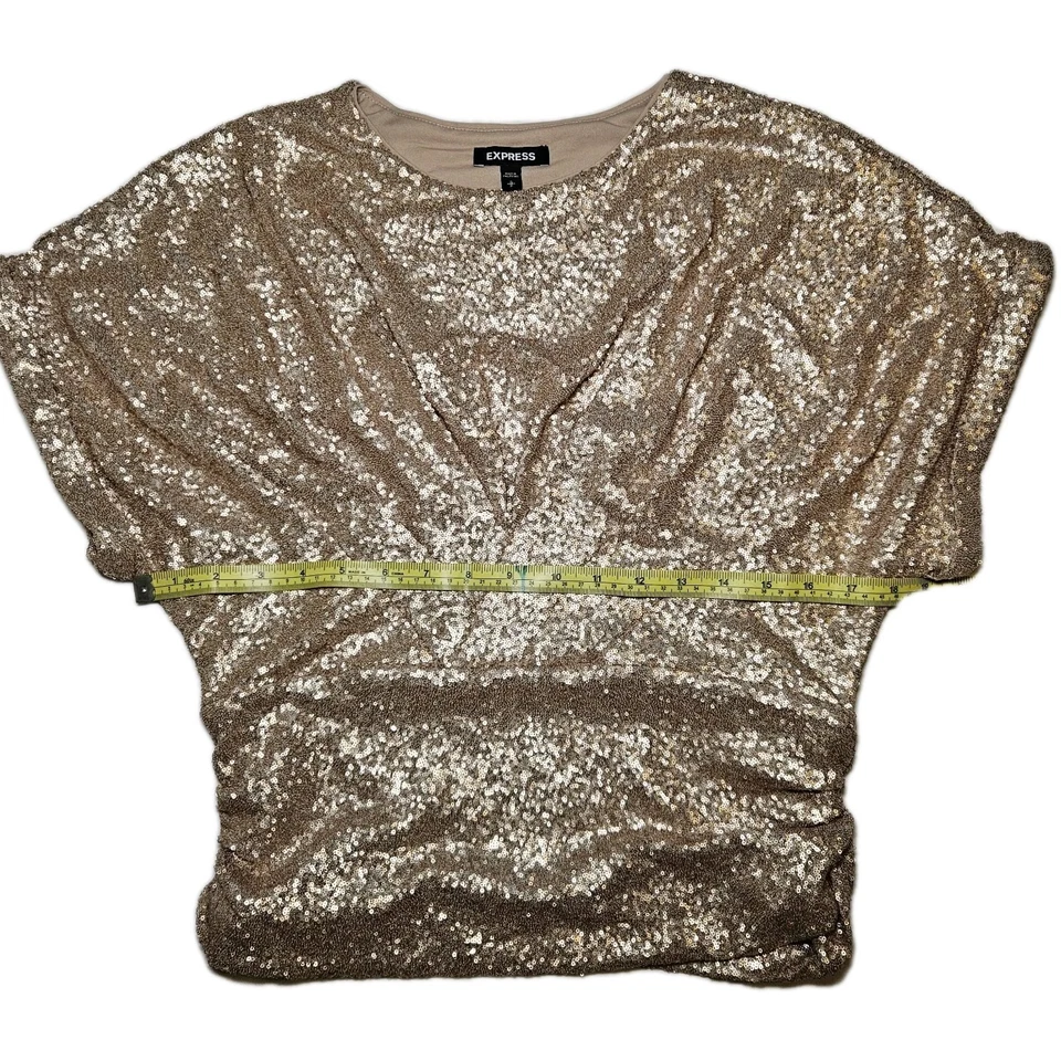 Blusa para mujer Express dorada con lentejuelas cintura ceñida manga dolman talla S Foto 3 de 4