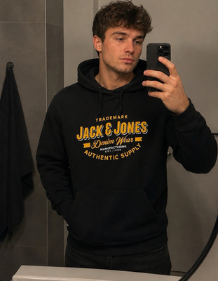 JACK & JONES Herren Hoodie Kapuzenpullover schwarz Logo-Print Kapuze M