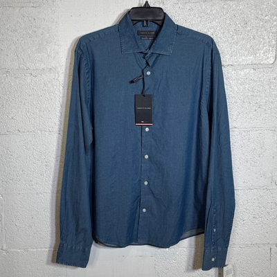 #ad Tommy Hilfiger Men#x27;s Flex Untucked Length Dress Shirt Blue 15 15.5 36 37 $90 $37.40