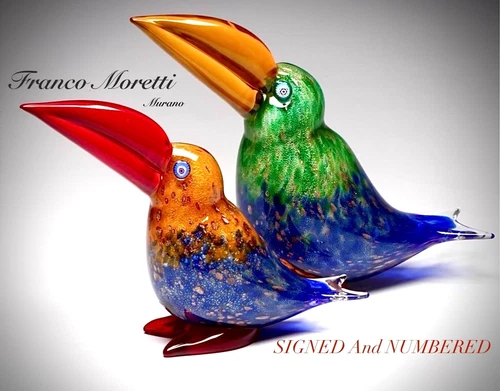 2 Signed & Numbered Franco Moretti Murano Art Glass Sculptures original sticker