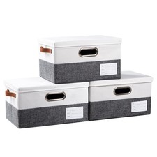 Storage Bins with Lids 3-Pack Linen Fabric Foldable Storage Boxes Organizer...