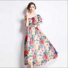 Womens Fashion Floral Falbala Off Shoulder Elastic Waist Chiffon Beach Dress