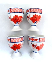 Set of 4 Chinese Porcelain Egg Cups ~ Cobalt Blue & Orange Imari Colors