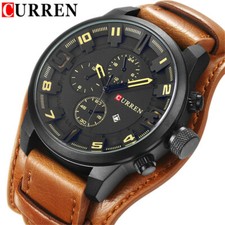 CURREN Men Military Quartz Watch Large Dial Casual Leather Strap Male Wristwatch