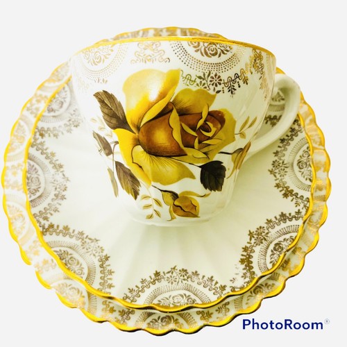 J&G Meakin Cup Saucer Plate 3 Piece Set England Classic White Gold Rose Tea - Picture 1 of 12