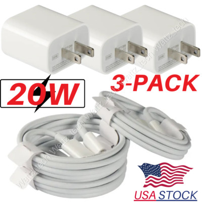 3Pack 20W PD Fast Charger Adapter USB-C Cable For iPhone 14/13/12/11/Pro/XR/iPad