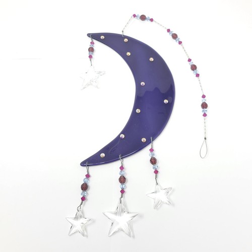 Handmade purple glass moon suncatcher w/ clear crystal stars & colored beads USA