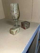 2 Solid ONYX Carved Stone Marble Green Decorative Block and Box w Lid W Goblet