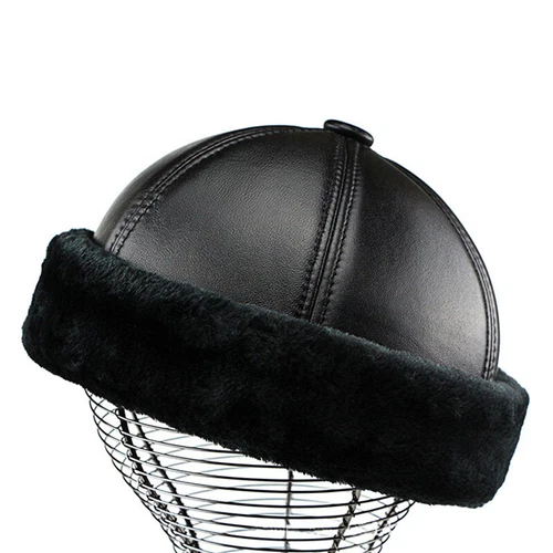 Men Genuine Leather Skullcap Sailor Cap Hat Beanie Rolled Cuff Retro Brimless - Picture 12 of 14