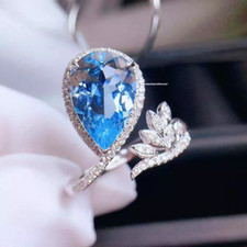 Luxury Stylish Pear Cut Clear 3.71CT Aquamarine  White CZ Anniversary Ring Band