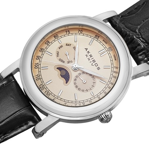 Men's Akribos XXIV AK632SSW Quartz Multifunction AM/PM Black Leather Strap Watch - Picture 2 of 9
