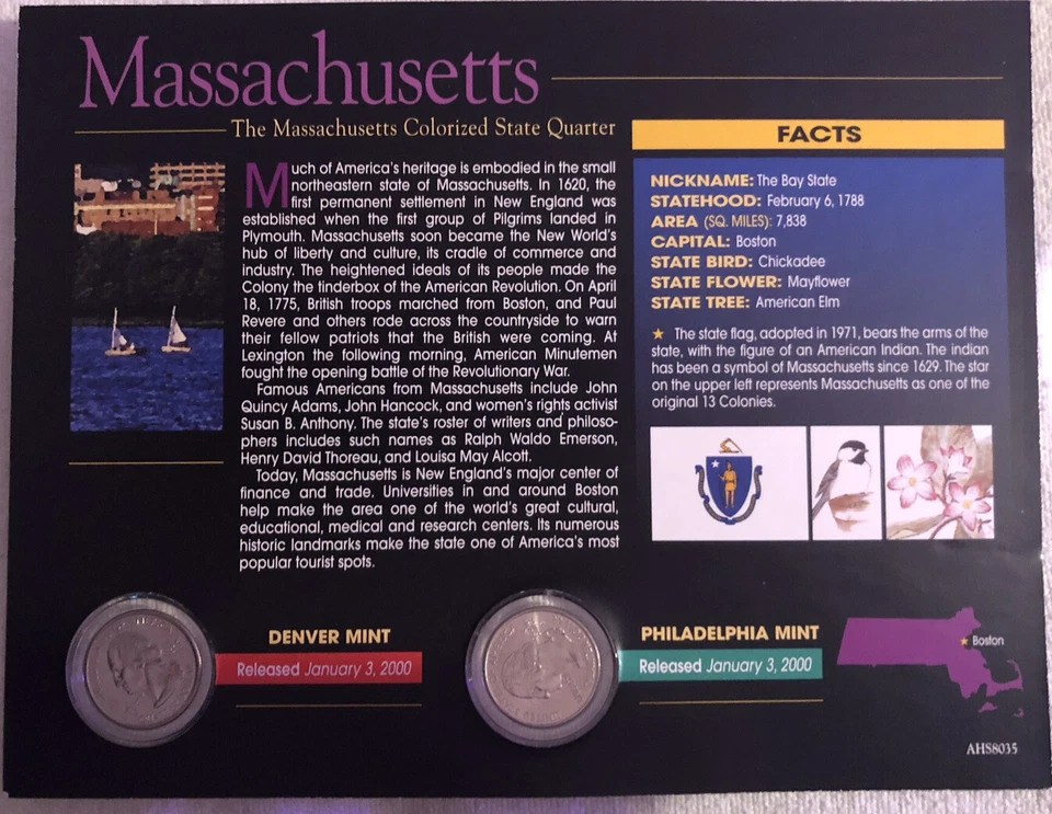 American Historical Society Colorized State Quarters. Massachusetts. Used - Image 2 of 3