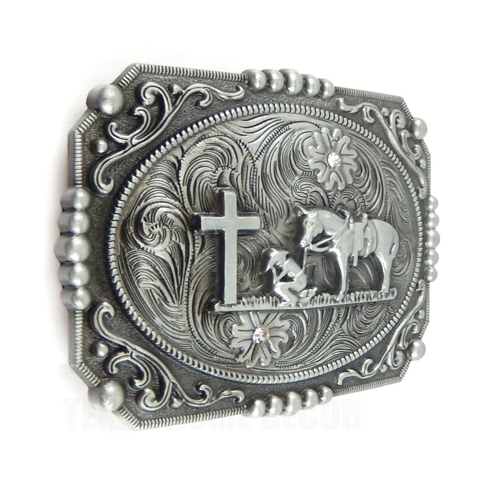 Western Floral Belt Buckle Praying Cowboy Kneeling at Cross Antique Silver Tone eBay