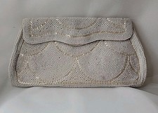 Vintage Beaded Clutch Handbag Evening Wear White/Off White/Gold Made in Japan