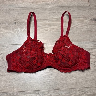 Adore Me Red Floral Lace Unlined Underwire Bra 36C Burgundy Sheer Mesh Bows