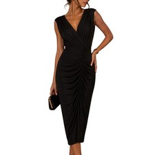 Eliza J Sleeveless Ruched Midi Dress Cocktail Size 6 Black Elegant Evening Event