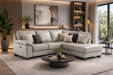 GREY High Grade Genuine Real Leather Corner Chaise Sofa + USB Ports -  BROOKLYN