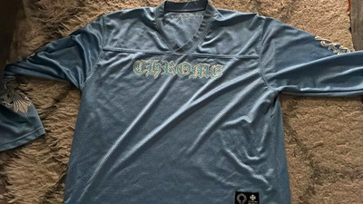 Chrome Hearts Men's Blue Mesh V-Neck Long Sleeve Jersey Tee L Breathable