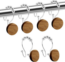 Double Shower Curtain Hooks, Wood Decorative Shower Curtain Rings, 12 PCS Log Cu