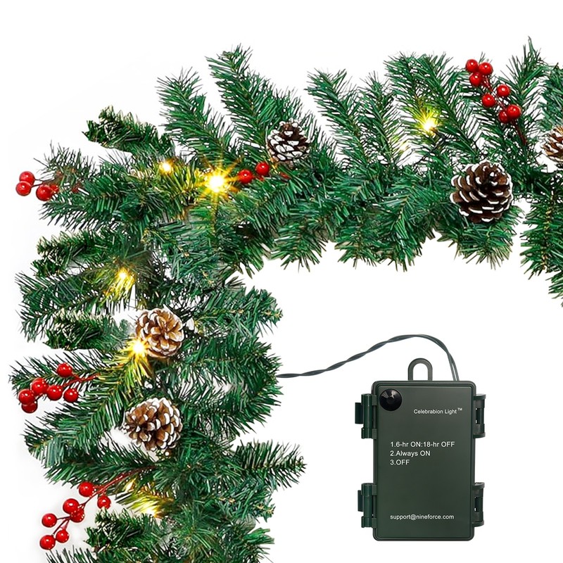 10Ft Prelit Christmas Garland Pine Garland with 50 LED Lights & Berries Pinecone
