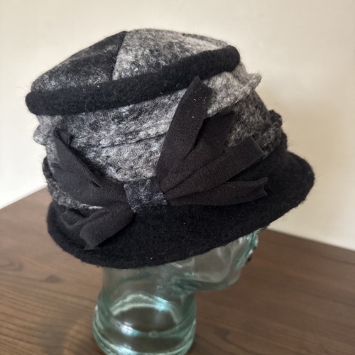 Boiled Wool Blend Bucket Style Hat Black Grey Bow Lined Made In Italy - Picture 7 of 13