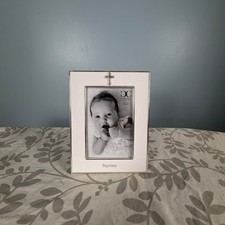 Baptism Baby Picture Frame White enamel and silver cross 4X6 Unused