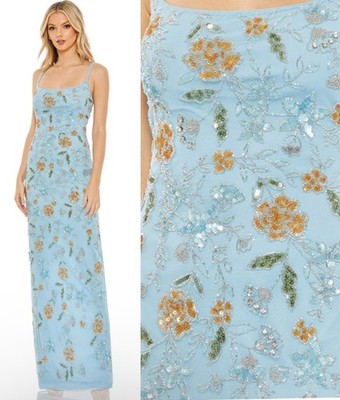 Mac Duggal 10808 Hand Beaded Floral Gown Size 6 Blue Beaded Spaghetti Straps NWT