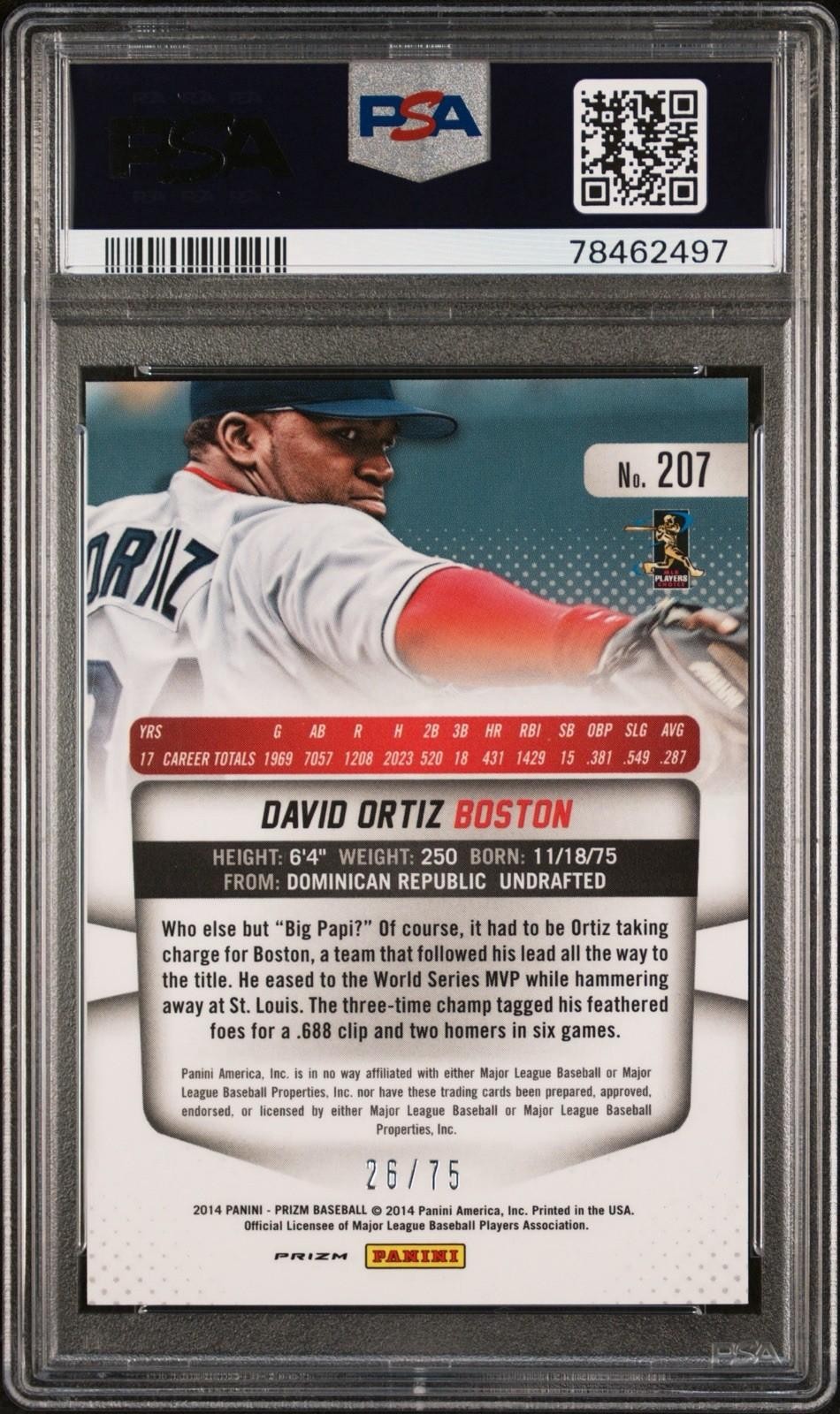 David Ortiz 2014 Panini Prizm #207 Blue Mojo Prizm #/75 - Red Sox - PSA 9 view 2