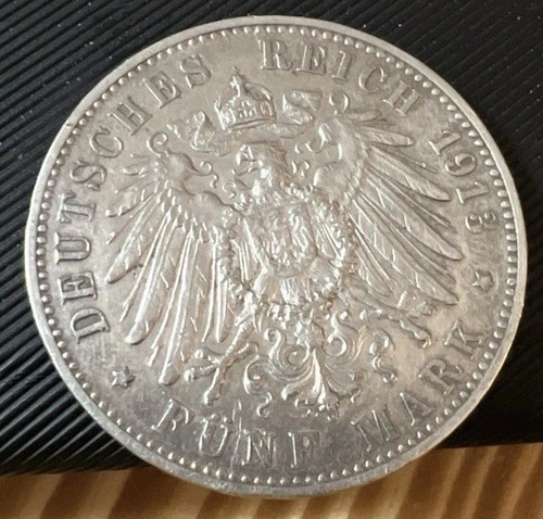 1913 DEUTSCHES REICH GERMAN FUNF MARK/WILHELM II KOENIG VON WUERTTEMBERG - Picture 1 of 2