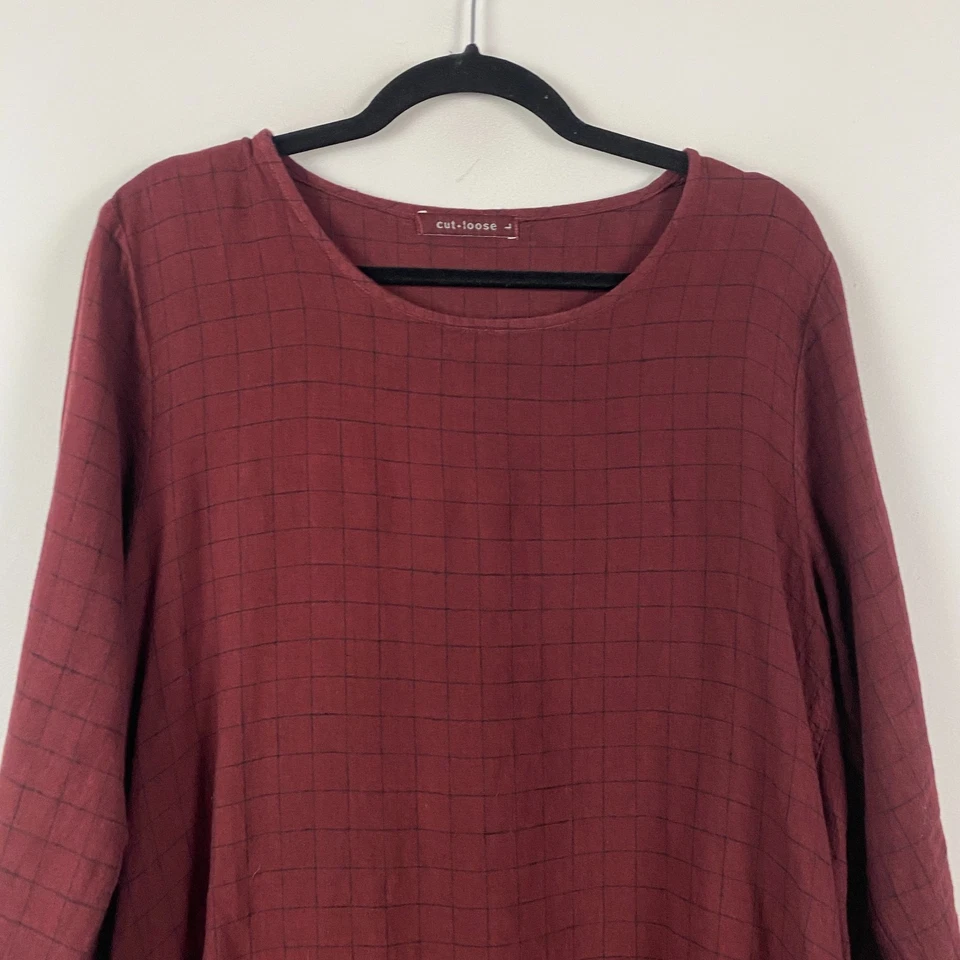 Túnica Columpio Corte Suelta Lino Talla Grande Borgoña Bolsillos Mangas 3/4 Lagenlook Foto 2 de 4