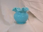 Vintage Fenton Art Glass Turquoise 5 1/2" Ruffled Rim Hobnail Rose Bowl Vase