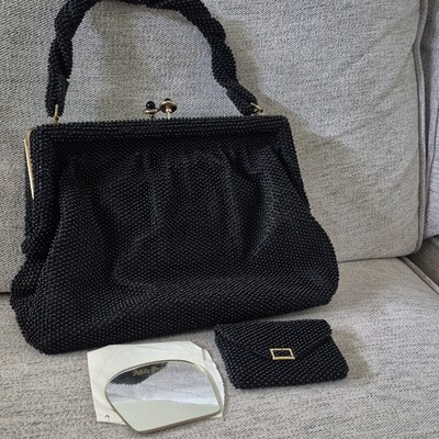Petite-Bead Black Beaded Women's Purse w/ Matching Clutch & Mirror
