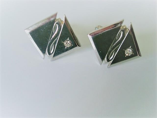 Vintage Silver Tone Cufflinks With Clear Rhinestones KJ