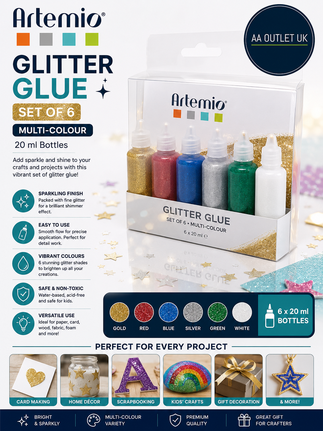 Artemio 20ml Glitter Glue Set 6 Multicolour New