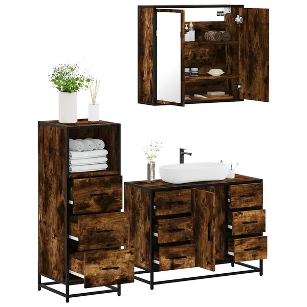 3-Teiliges BadmöBel-Set RäUchereiche Holzwerkstoff BadezimmermöBel-image
