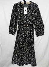 JiNai Black Floral V-Neck Long Sleeve Midi Dress w/ Belt - Women’s M