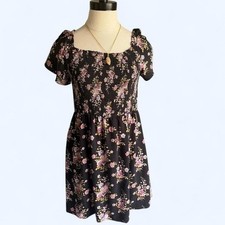 Jolt Floral Smocked Mini Dress Black Pink Rayon Boho Short Sleeve Large