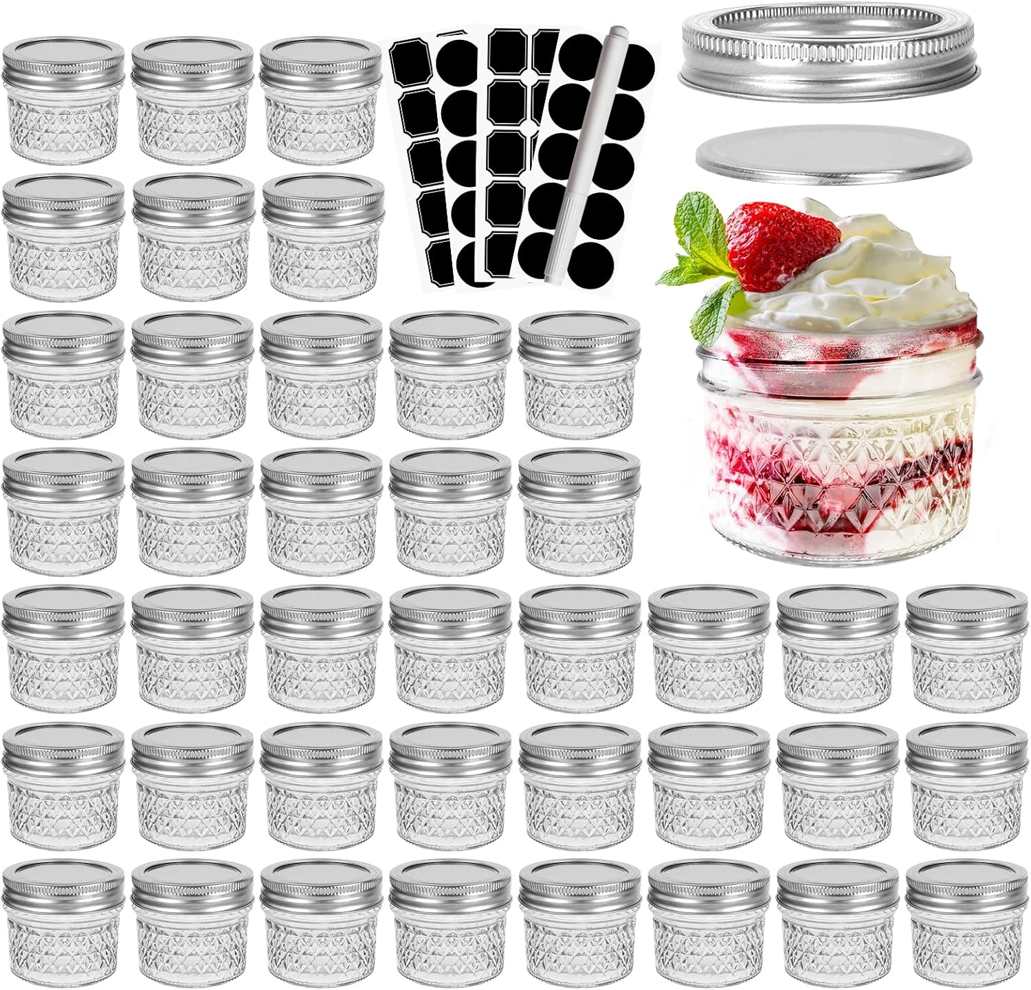 40 Pcs 4Oz Clear Glass Mini Mason Jars with Silver Separable Lids and Diamond Ap