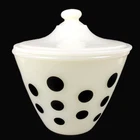 ANCHOR HOCKING FIRE KING Grease Jar Black Dot Milk Glass w Lid Vintage MCM