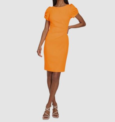 Karl Lagerfeld Paris Women's Orange Pleated Round Neck Puff-Sleeve Dress Size 10
