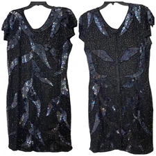 Y2K Mark&John II Black Silver Sequin 100% Pure Silk Evening Dress Size XL