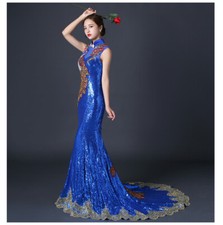 Embroidery Sequin Chinese Cheongsam Qipao Women Wedding Evening Party Long Dress